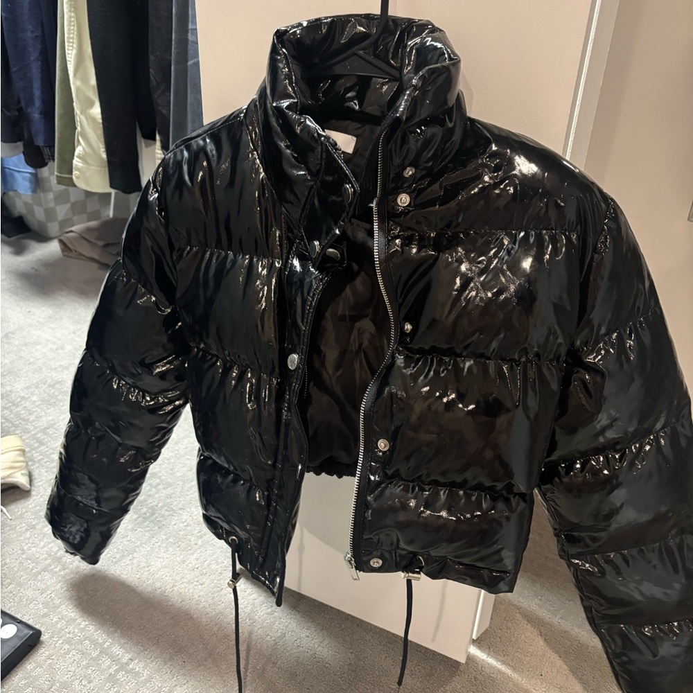 Adika Shiny Cropped Black Leather Jacket
